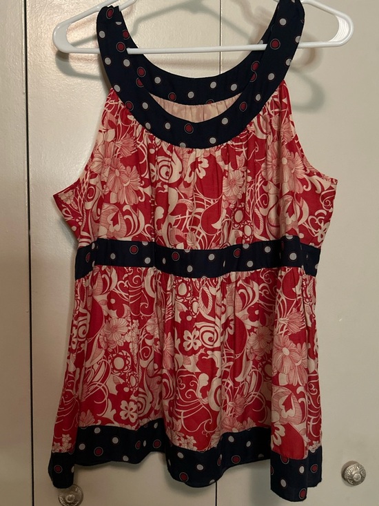 Anna Sui Tops - Anna Sui Red and Navy Floral Polka-Dot Sleeveless Blouse